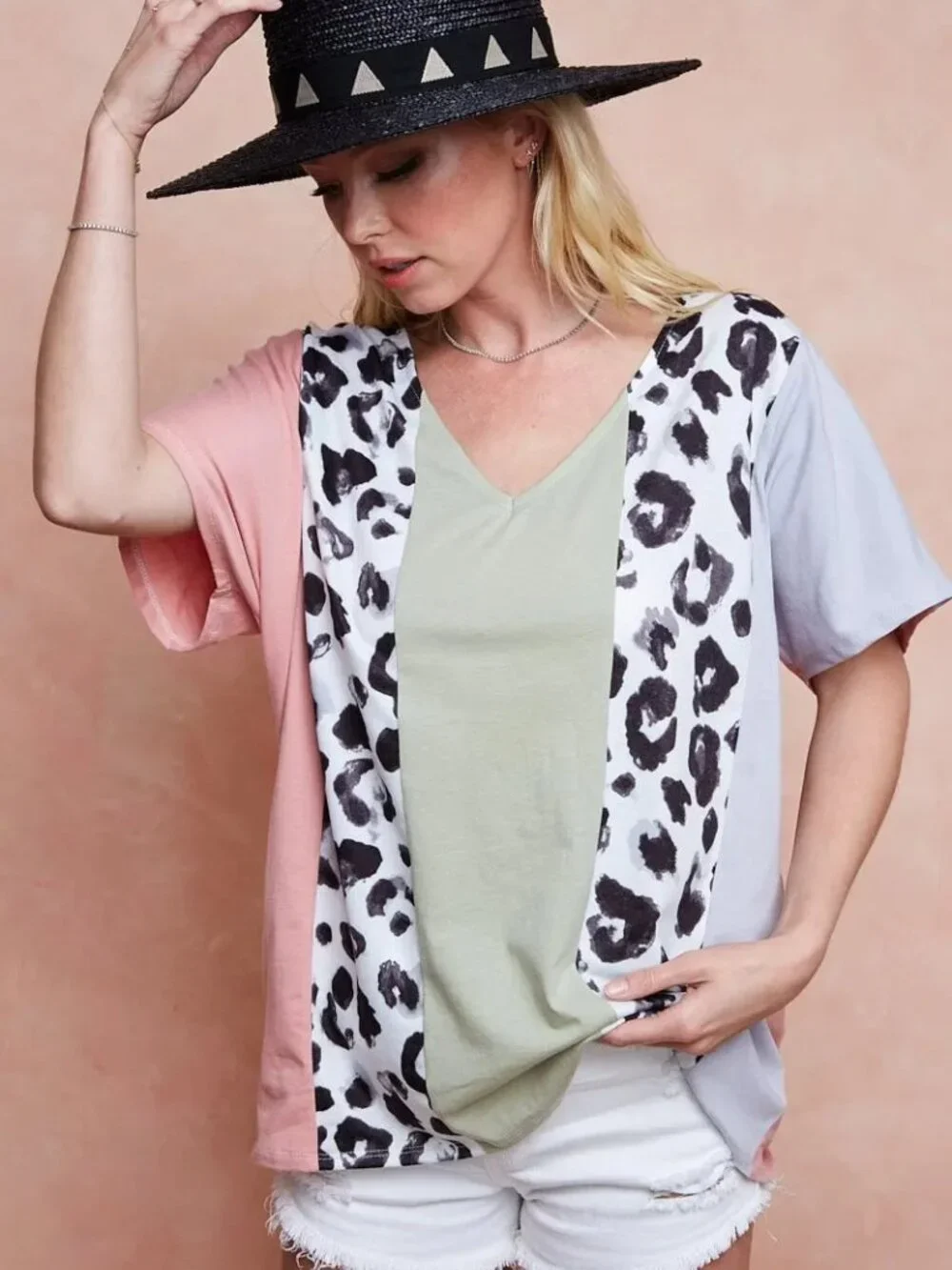 BiBi Cotton Span Knit With Leopard Color Block Top